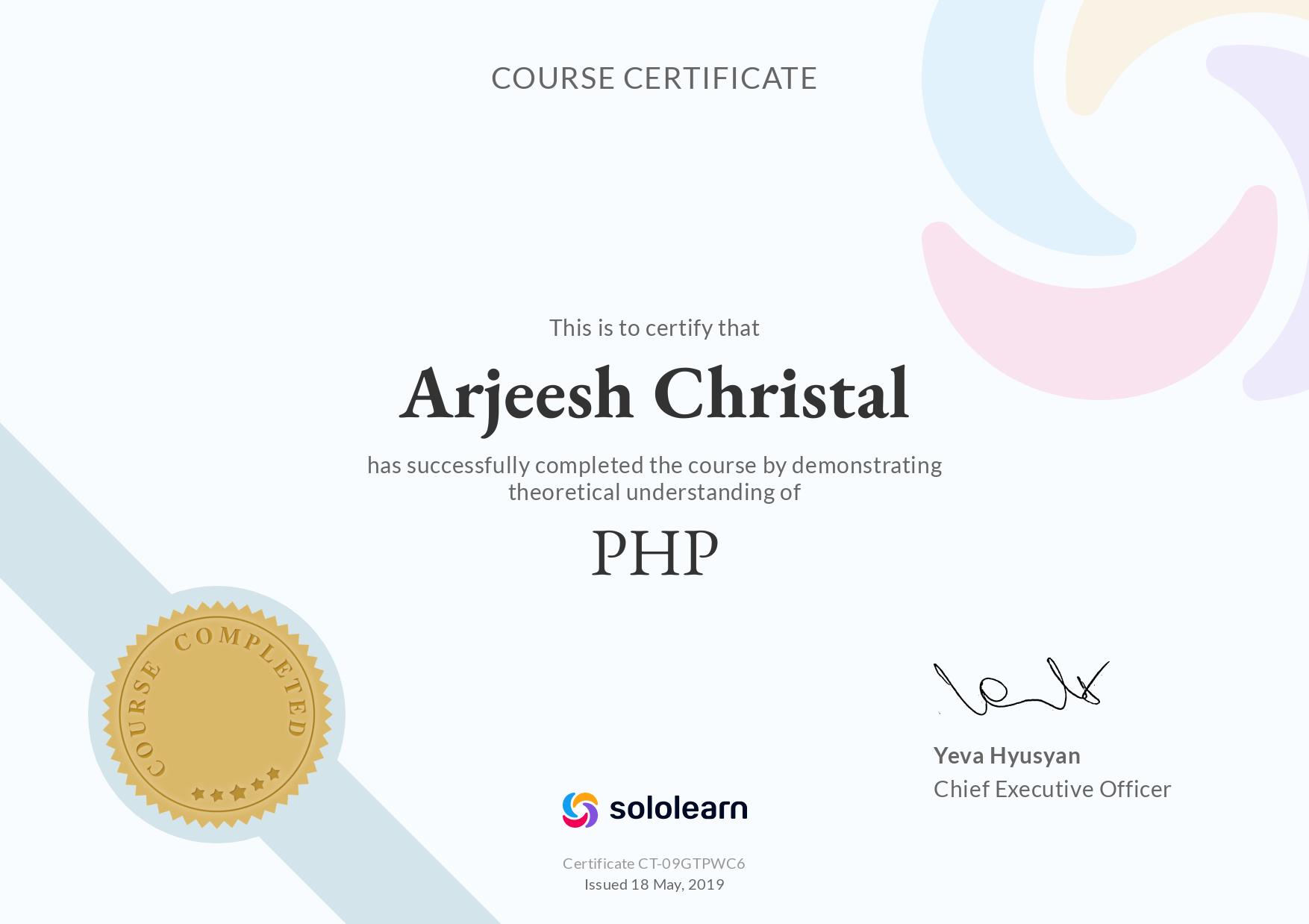 PHP certificate by Solo Learns